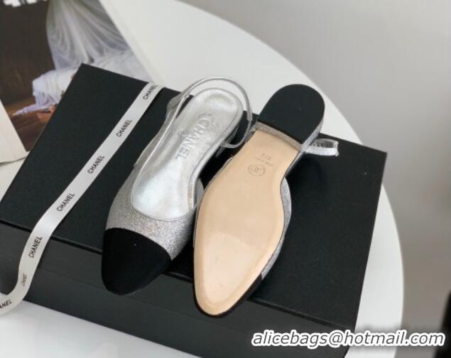 Grade Quality Chanel Glitter & Grosgrain Slingbacks Flats G31319 Silver 030375