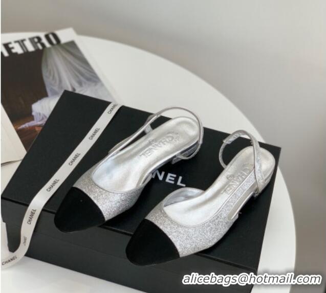 Grade Quality Chanel Glitter & Grosgrain Slingbacks Flats G31319 Silver 030375