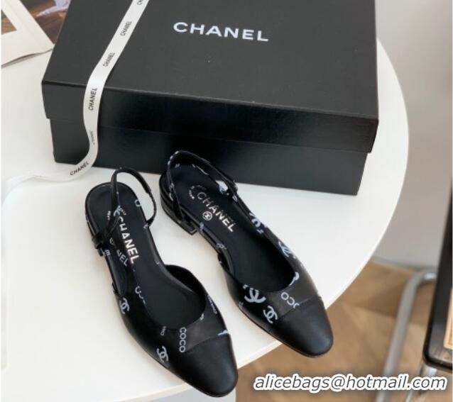 Top Grade Chanel Printed Lambskin & Calfskin Slingbacks Flat G31319 Black 030377