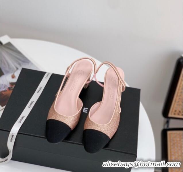 Best Grade Chanel Glitter & Grosgrain Slingbacks Pumps 6cm G31318 Pink 030378