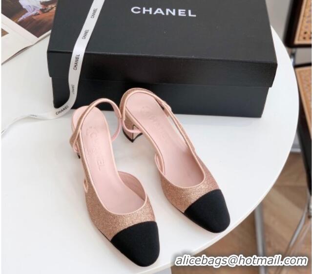 Best Grade Chanel Glitter & Grosgrain Slingbacks Pumps 6cm G31318 Pink 030378