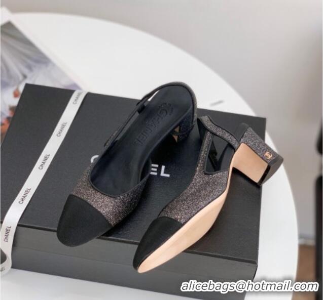 Discount Chanel Glitter & Grosgrain Slingbacks Pumps 6cm G31318 Black 030380