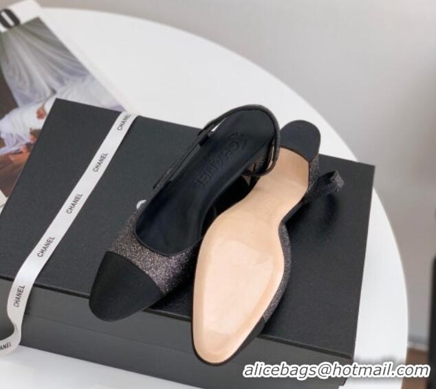 Discount Chanel Glitter & Grosgrain Slingbacks Pumps 6cm G31318 Black 030380