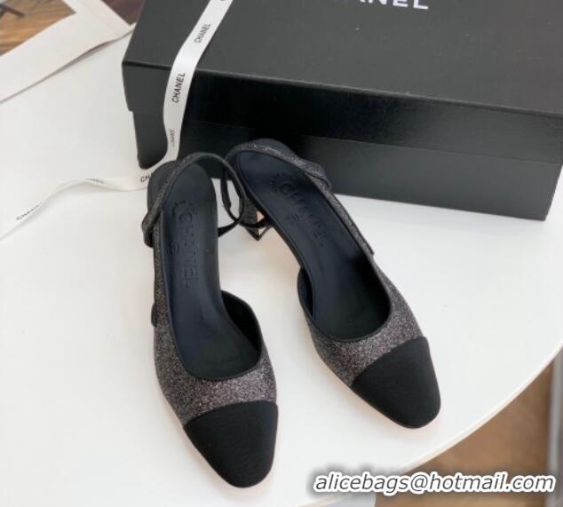 Discount Chanel Glitter & Grosgrain Slingbacks Pumps 6cm G31318 Black 030380