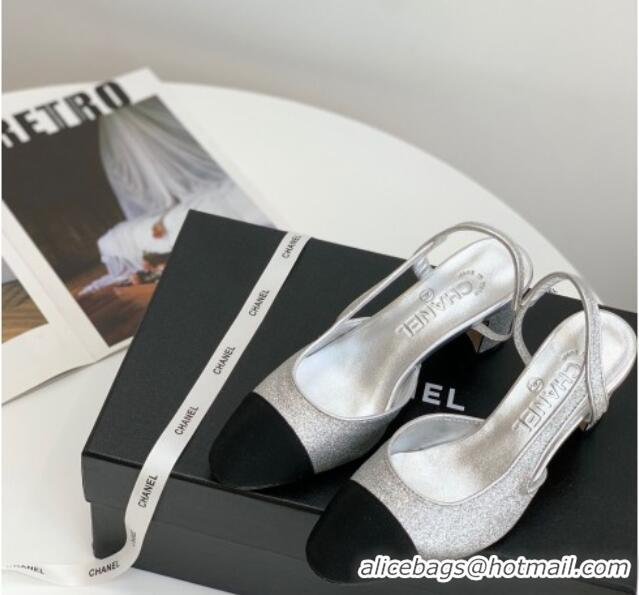 Best Product Chanel Glitter & Grosgrain Slingbacks Pumps 6cm G31318 Silver 030381