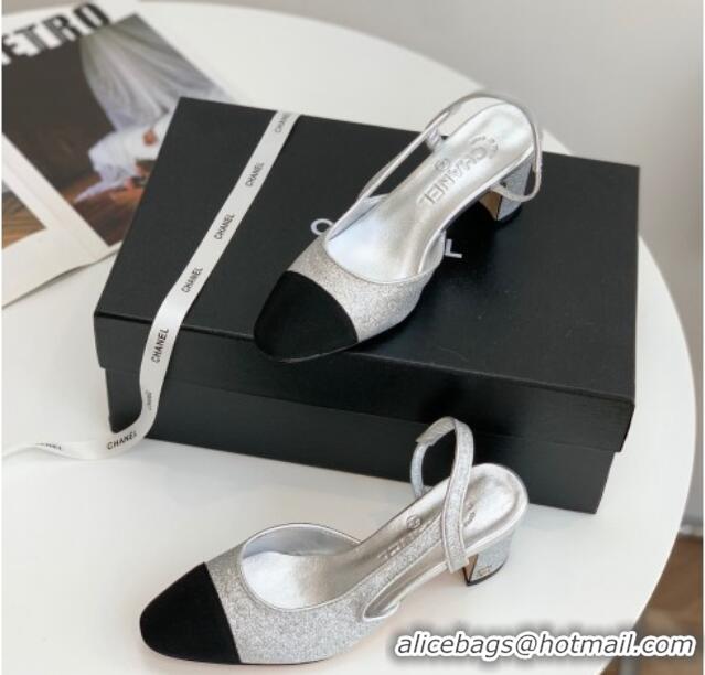 Best Product Chanel Glitter & Grosgrain Slingbacks Pumps 6cm G31318 Silver 030381