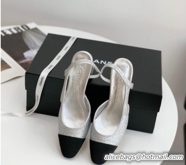 Best Product Chanel Glitter & Grosgrain Slingbacks Pumps 6cm G31318 Silver 030381