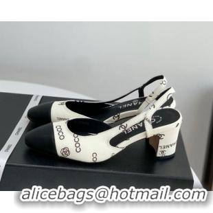 Good Looking Chanel Printed Lambskin & Calfskin Slingbacks Pumps 6cm G31318 White 030382