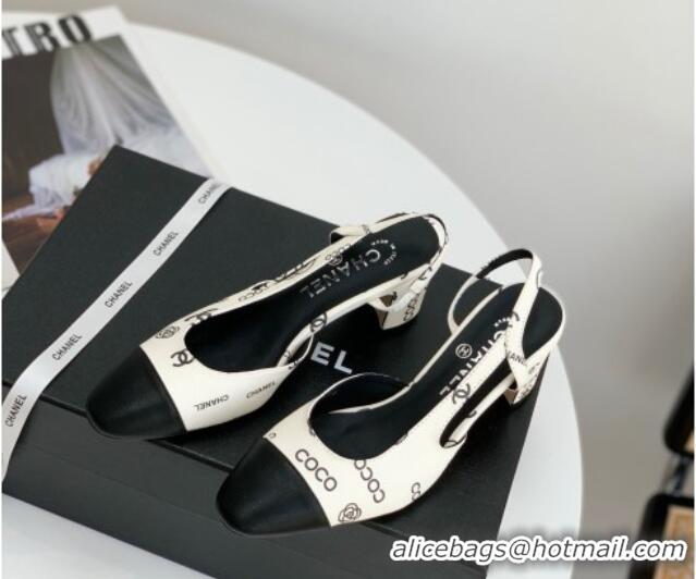 Good Looking Chanel Printed Lambskin & Calfskin Slingbacks Pumps 6cm G31318 White 030382