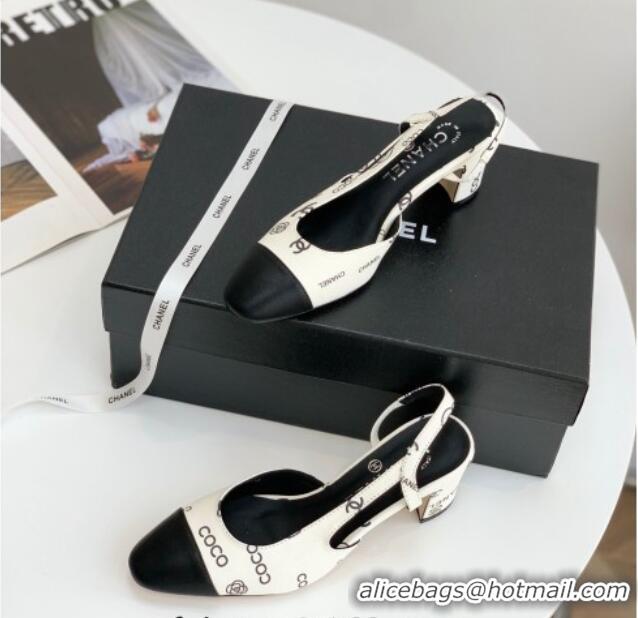 Good Looking Chanel Printed Lambskin & Calfskin Slingbacks Pumps 6cm G31318 White 030382