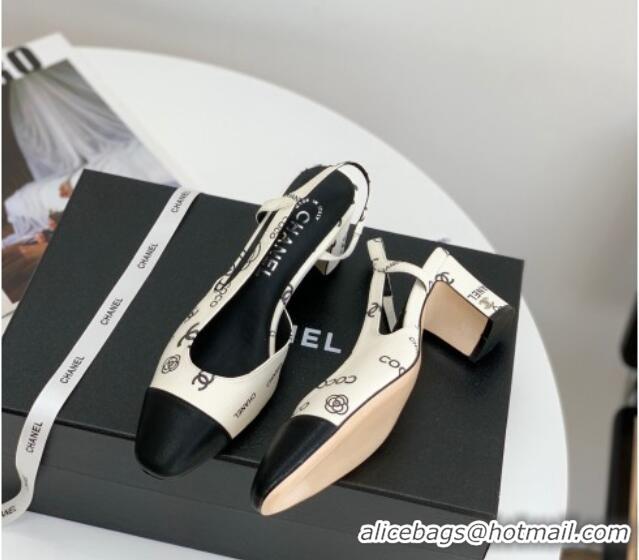 Good Looking Chanel Printed Lambskin & Calfskin Slingbacks Pumps 6cm G31318 White 030382