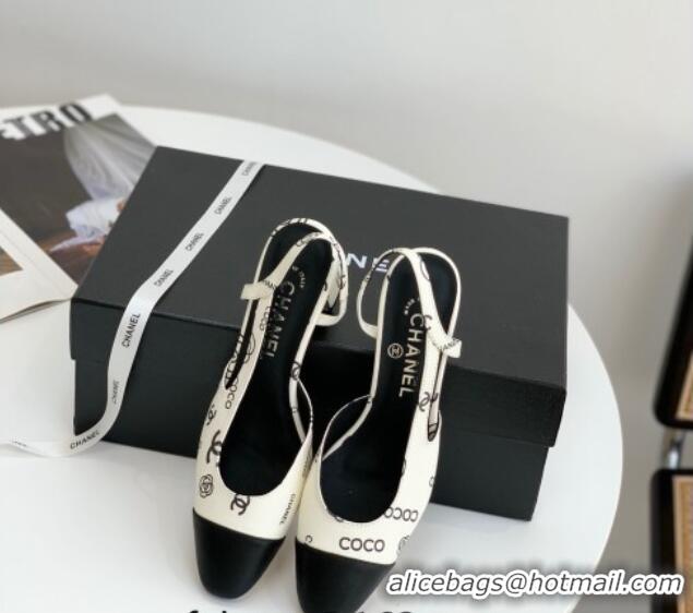 Good Looking Chanel Printed Lambskin & Calfskin Slingbacks Pumps 6cm G31318 White 030382