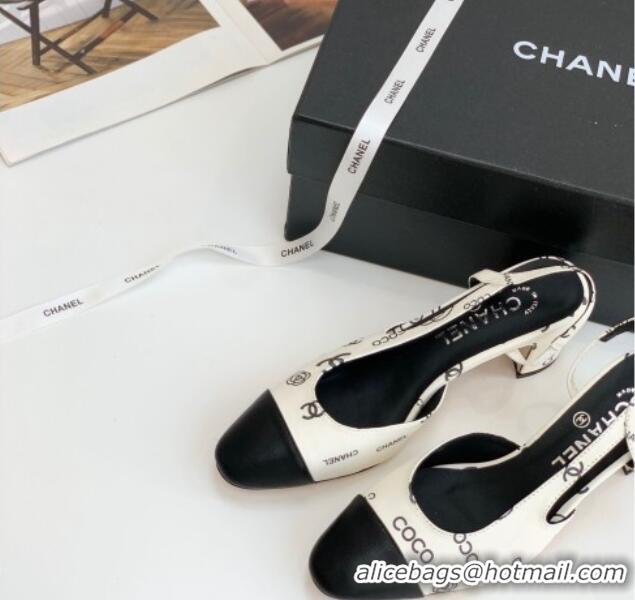 Good Looking Chanel Printed Lambskin & Calfskin Slingbacks Pumps 6cm G31318 White 030382