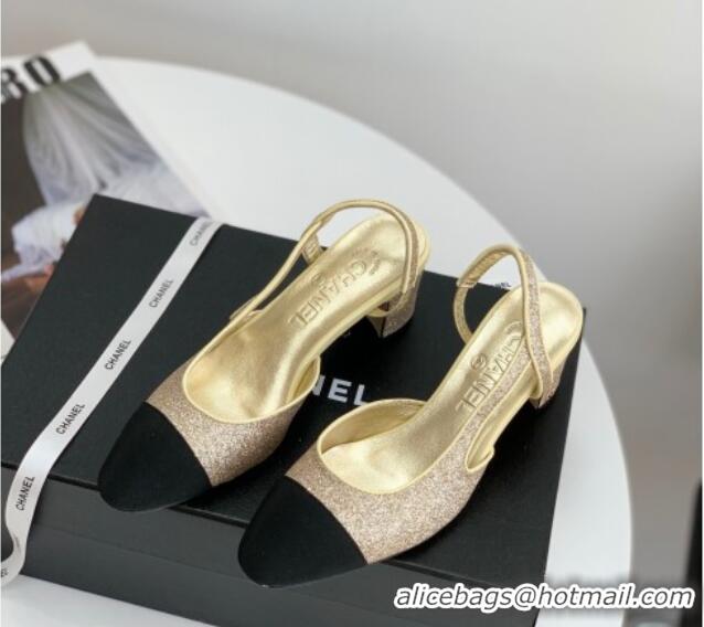 Unique Style Chanel Glitter & Grosgrain Slingbacks Pumps 6cm G31318 Gold 030383