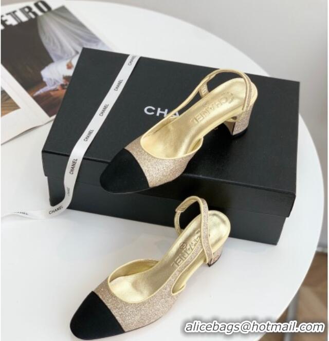 Unique Style Chanel Glitter & Grosgrain Slingbacks Pumps 6cm G31318 Gold 030383