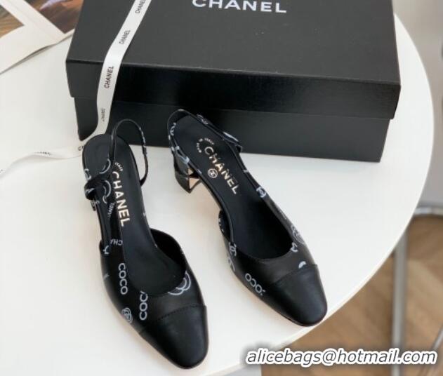 Popular Style Chanel Printed Lambskin & Calfskin Slingbacks Pumps 6cm G31318 Black 030384