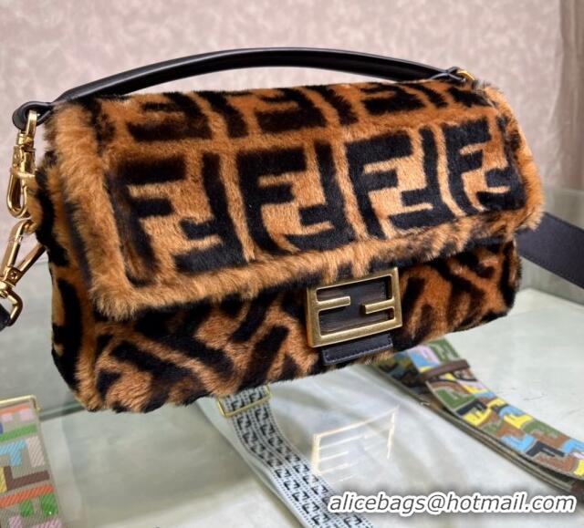 Pretty Style Fendi Baguette Medium Bag in FF Shearling 0191M Brown/Black 2022