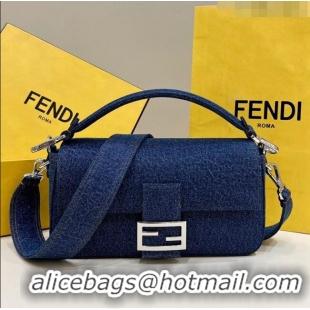 Big Discount Fendi Baguette Medium Denim Bag 8605 Dark Blue 2023