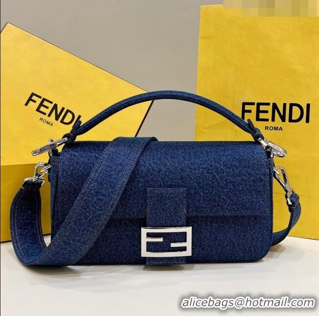 Big Discount Fendi Baguette Medium Denim Bag 8605 Dark Blue 2023