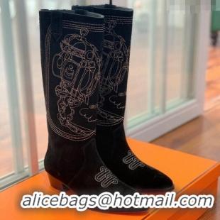 Unique Style Hermes Embroidered Suede High Boots Black 090905