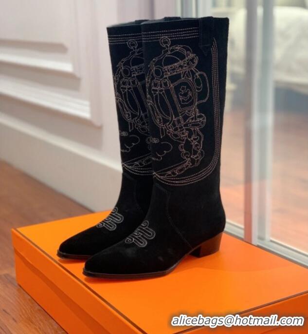 Unique Style Hermes Embroidered Suede High Boots Black 090905