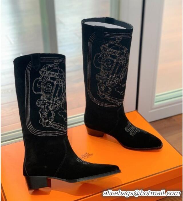 Unique Style Hermes Embroidered Suede High Boots Black 090905