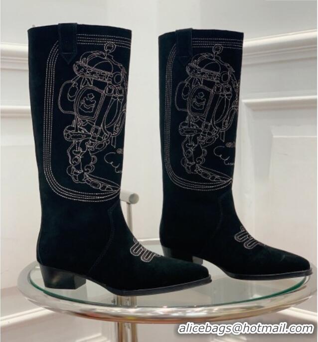 Unique Style Hermes Embroidered Suede High Boots Black 090905