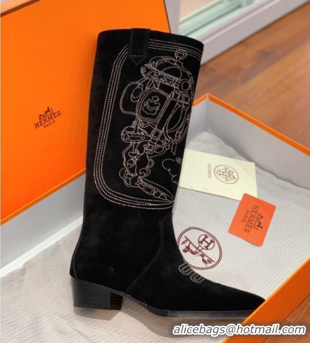 Unique Style Hermes Embroidered Suede High Boots Black 090905