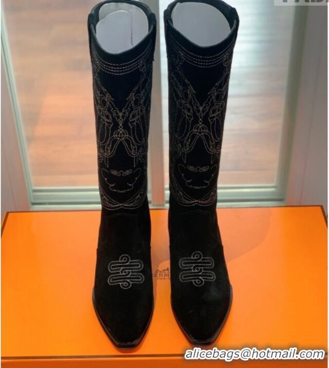 Unique Style Hermes Embroidered Suede High Boots Black 090905