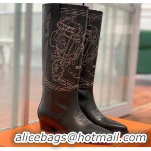 Stylish Hermes Embroidered Calfskin High Boots Black 090906