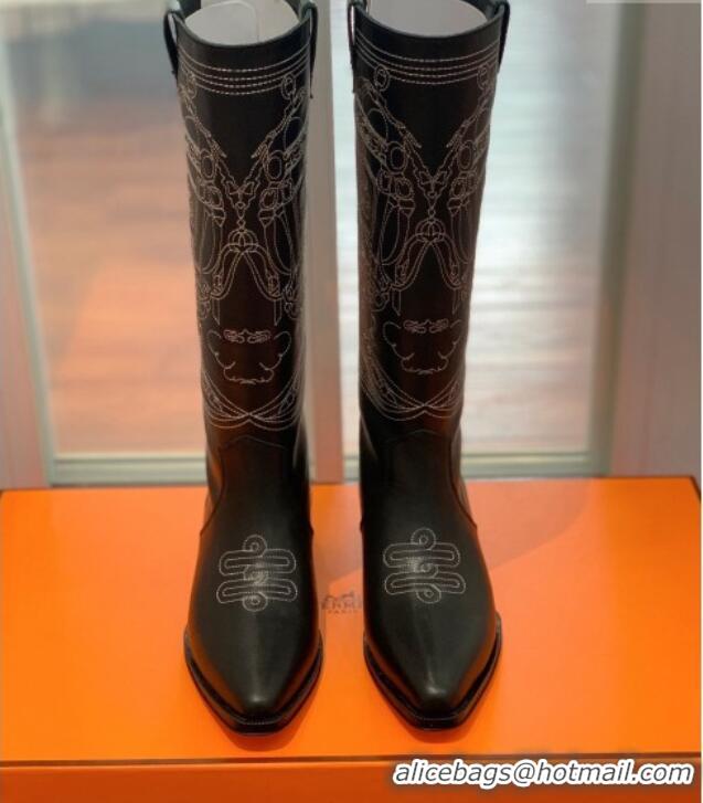 Stylish Hermes Embroidered Calfskin High Boots Black 090906