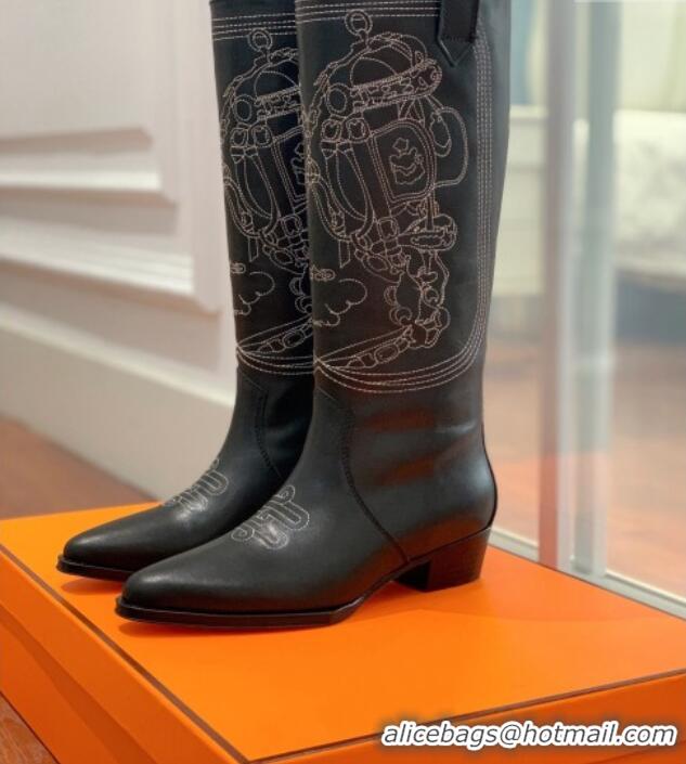 Stylish Hermes Embroidered Calfskin High Boots Black 090906