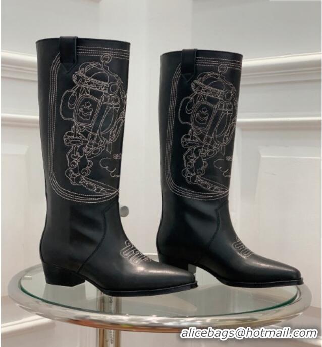 Stylish Hermes Embroidered Calfskin High Boots Black 090906