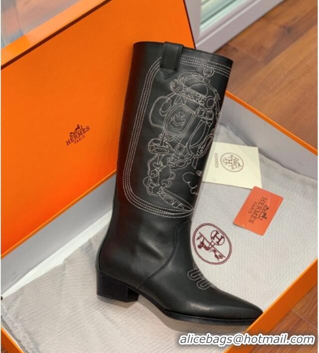 Stylish Hermes Embroidered Calfskin High Boots Black 090906