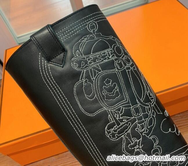 Stylish Hermes Embroidered Calfskin High Boots Black 090906