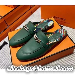 Good Quality Hermes Kelly Calfskin Flat Mules Green 090908