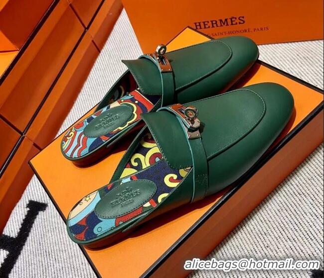 Good Quality Hermes Kelly Calfskin Flat Mules Green 090908