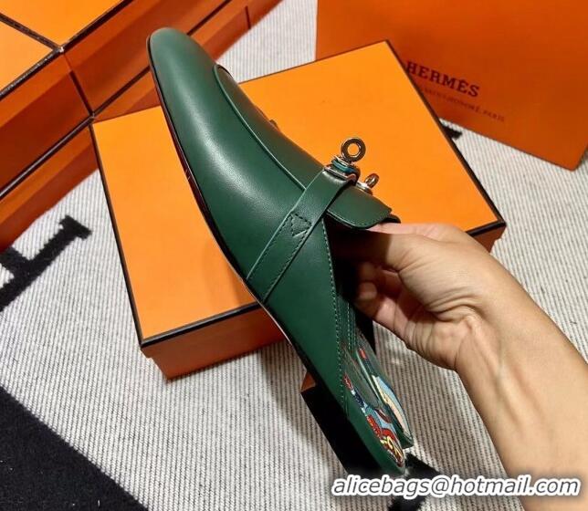 Good Quality Hermes Kelly Calfskin Flat Mules Green 090908