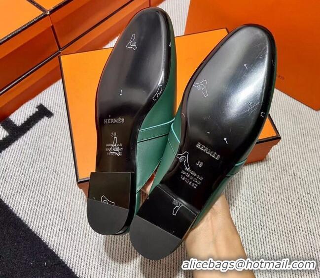 Good Quality Hermes Kelly Calfskin Flat Mules Green 090908