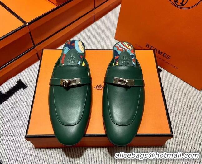 Good Quality Hermes Kelly Calfskin Flat Mules Green 090908