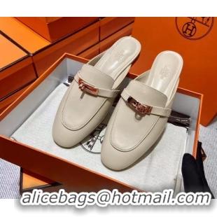 Grade Quality Hermes Kelly Calfskin Flat Mules Light Beige 090909