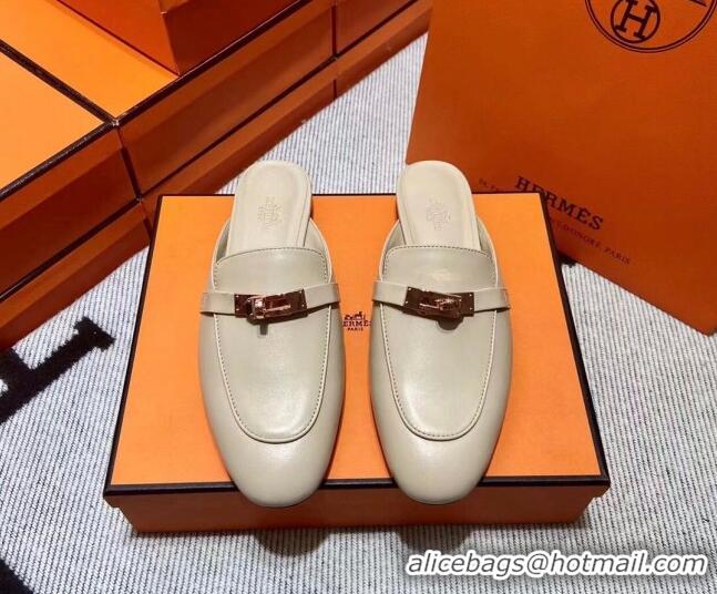 Grade Quality Hermes Kelly Calfskin Flat Mules Light Beige 090909