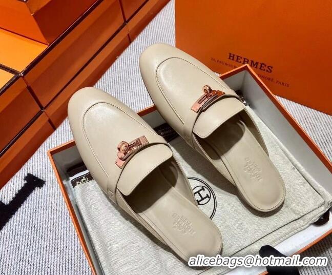 Grade Quality Hermes Kelly Calfskin Flat Mules Light Beige 090909