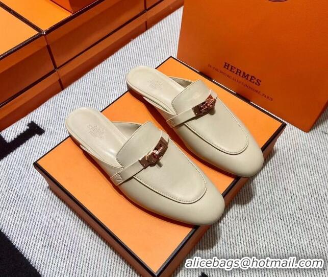 Grade Quality Hermes Kelly Calfskin Flat Mules Light Beige 090909