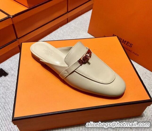 Grade Quality Hermes Kelly Calfskin Flat Mules Light Beige 090909