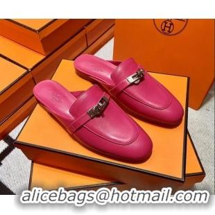 Duplicate Hermes Kelly Calfskin Flat Mules Dark Pink 090910