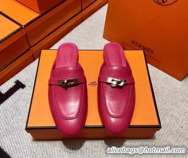 Duplicate Hermes Kelly Calfskin Flat Mules Dark Pink 090910