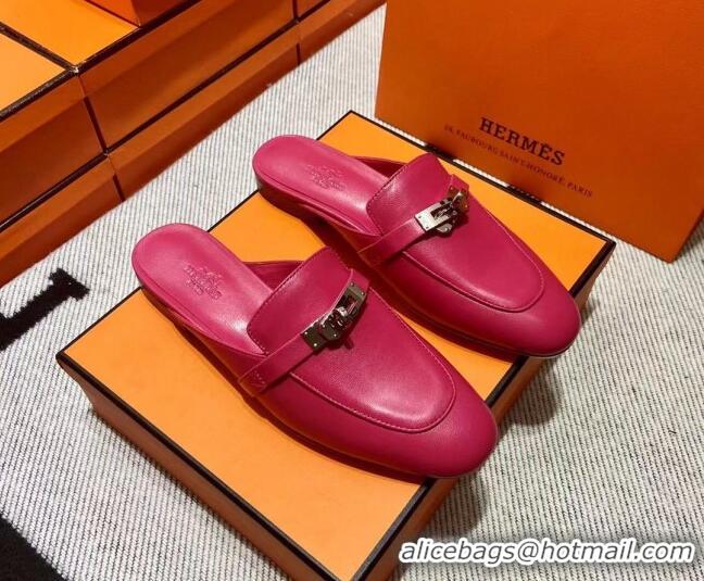 Duplicate Hermes Kelly Calfskin Flat Mules Dark Pink 090910