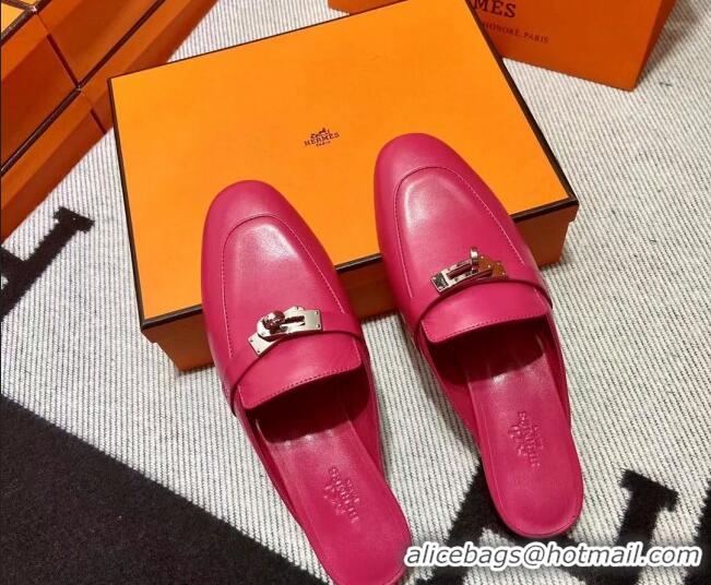 Duplicate Hermes Kelly Calfskin Flat Mules Dark Pink 090910