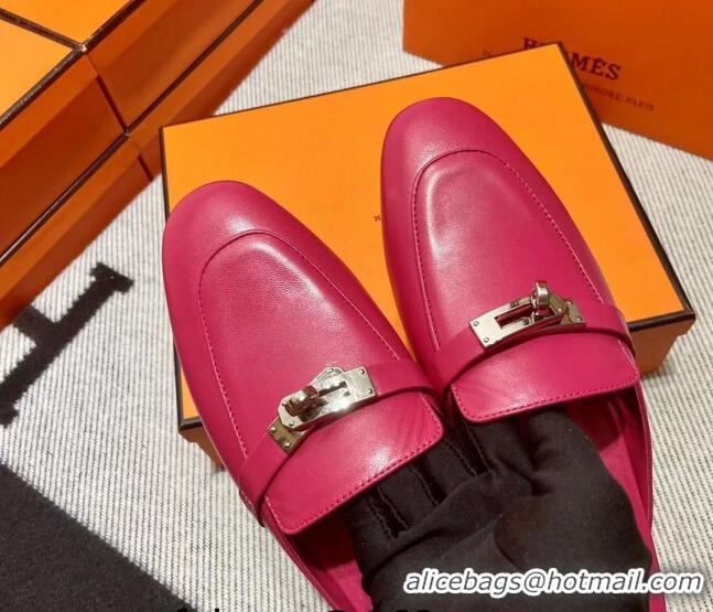 Duplicate Hermes Kelly Calfskin Flat Mules Dark Pink 090910